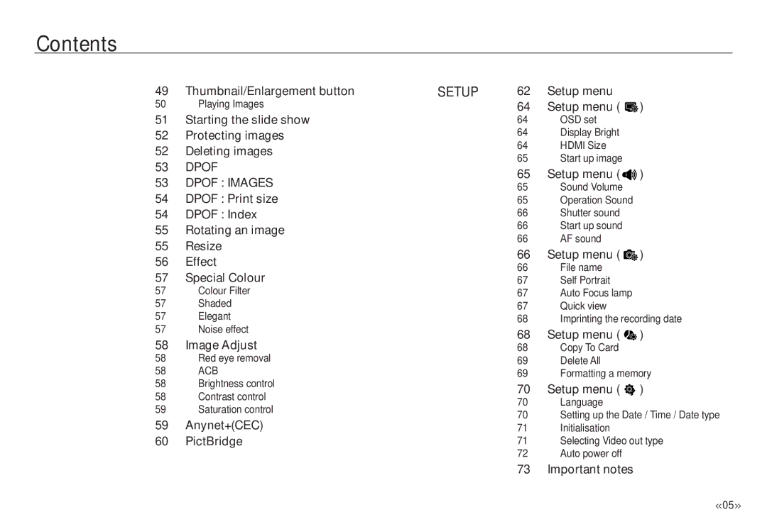 Samsung ECNV24HBBA, NV24 HD Playing Images, OSD set, Display Bright, Hdmi Size Start up image, Sound Volume, Shutter sound 