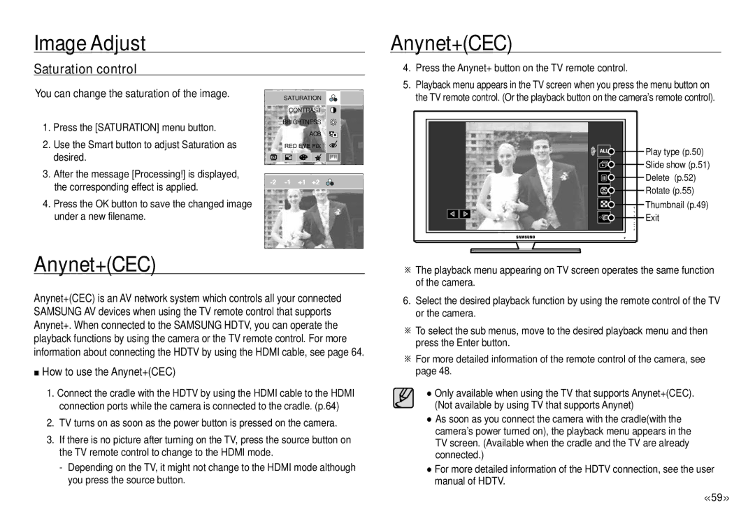 Samsung ECNV24HBBA Saturation control, How to use the Anynet+CEC, Press the Anynet+ button on the TV remote control 