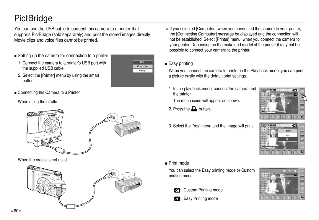 Samsung NV24 HD, ECNV24HBBA manual PictBridge, Setting up the camera for connection to a printer, Easy printing, Print mode 