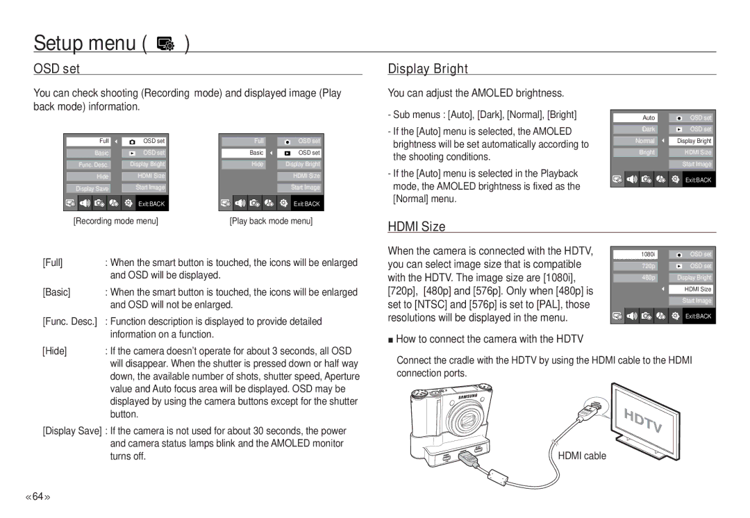 Samsung NV24 HD, ECNV24HBBA manual OSD set, Display Bright, Hdmi Size, You can adjust the Amoled brightness 