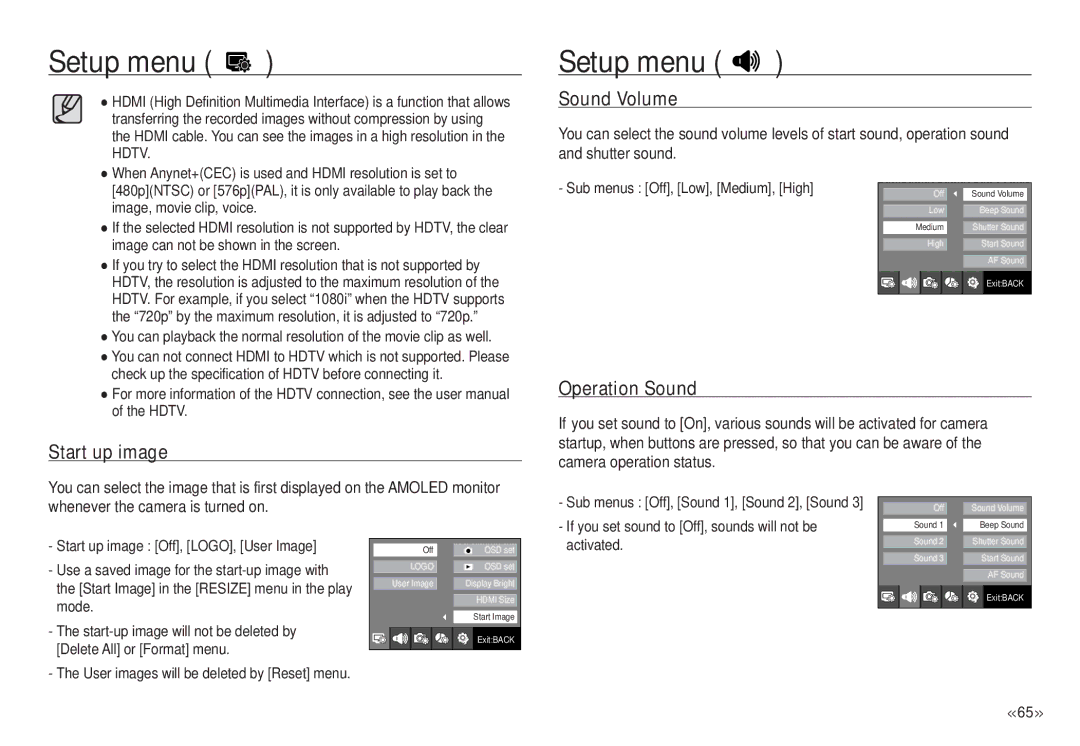 Samsung ECNV24HBBA, NV24 HD manual Sound Volume, Start up image Operation Sound 