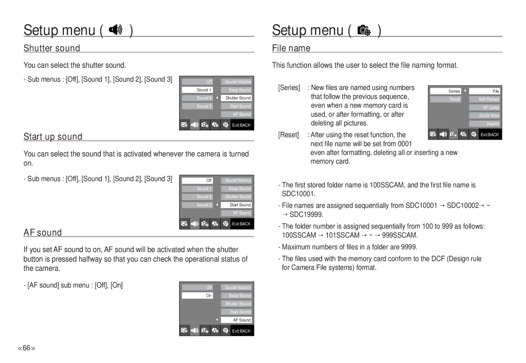 Samsung NV24 HD, ECNV24HBBA manual Shutter sound, File name, Start up sound, AF sound, You can select the shutter sound 