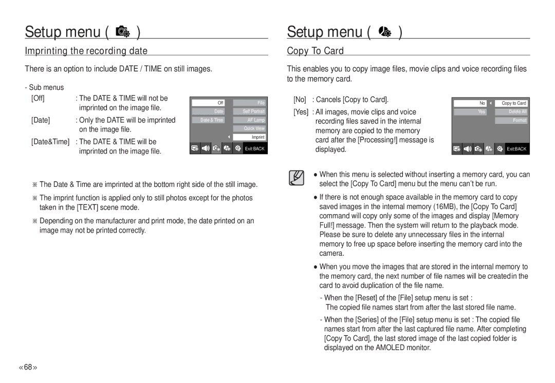 Samsung NV24 HD Imprinting the recording date, Copy To Card, There is an option to include Date / Time on still images 