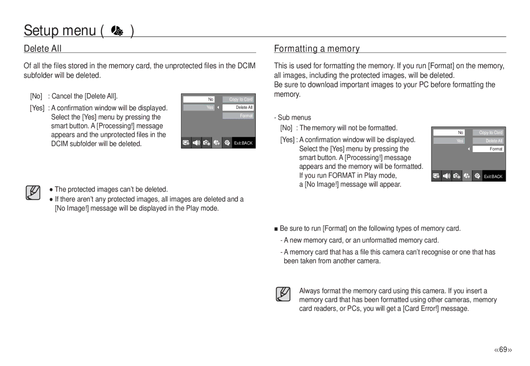 Samsung ECNV24HBBA, NV24 HD manual Delete All, Formatting a memory, Sub menus No The memory will not be formatted 