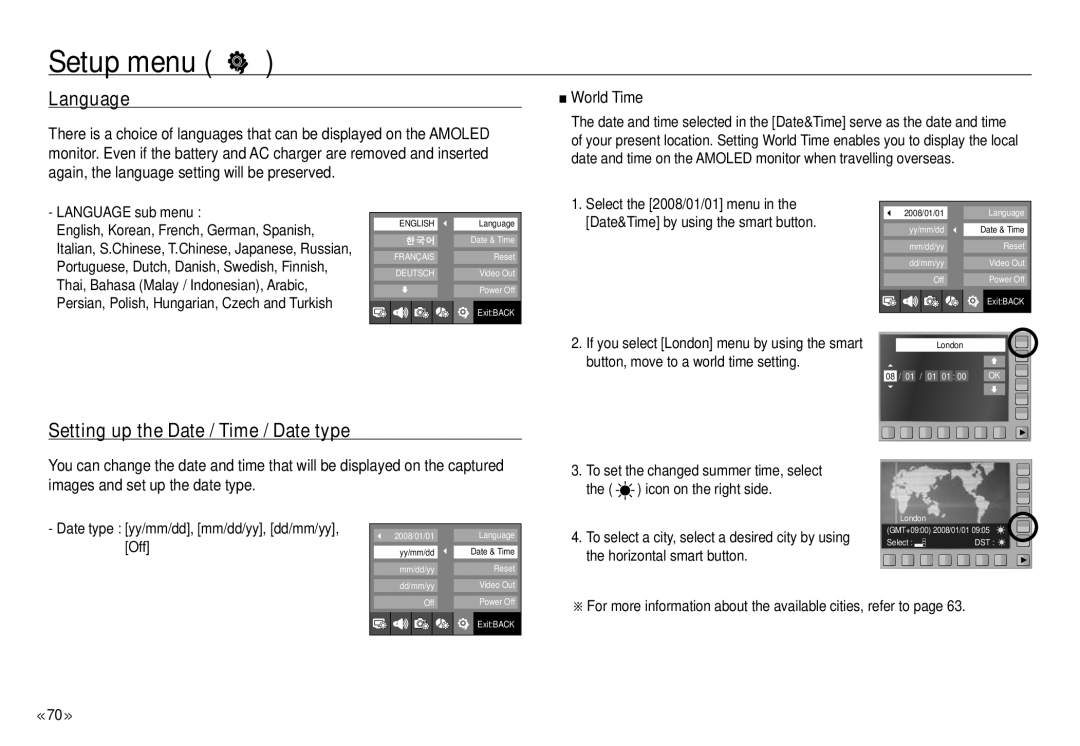 Samsung NV24 HD, ECNV24HBBA manual Language, Setting up the Date / Time / Date type, World Time 