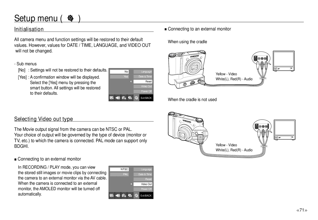 Samsung ECNV24HBBA manual Initialisation, Selecting Video out type, Movie output signal from the camera can be Ntsc or PAL 