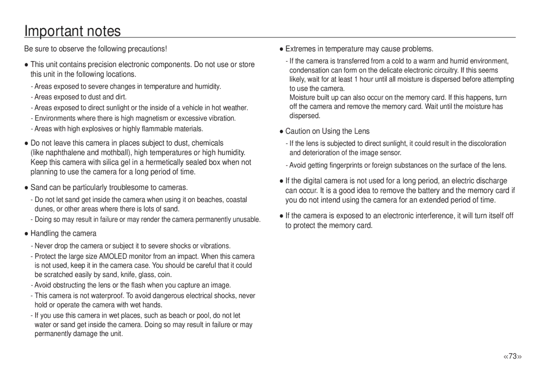 Samsung ECNV24HBBA, NV24 HD manual Important notes, Sand can be particularly troublesome to cameras, Handling the camera 