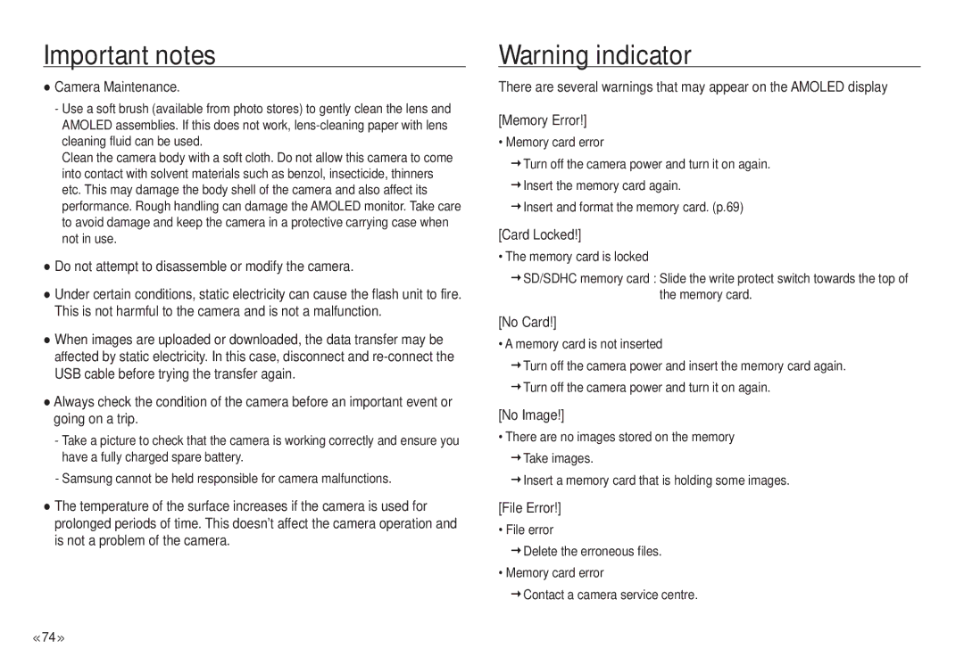 Samsung NV24 HD Camera Maintenance, Do not attempt to disassemble or modify the camera, Card Locked, No Card, No Image 