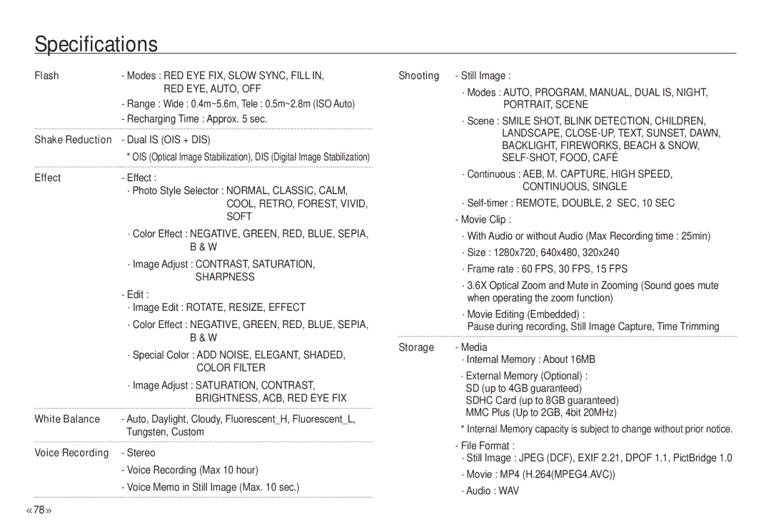 Samsung NV24 HD, ECNV24HBBA manual Flash, Effect, White Balance, Voice Recording, Storage Media 