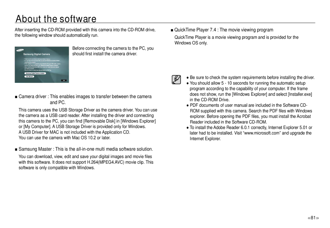 Samsung ECNV24HBBA, NV24 HD manual About the software, QuickTime Player 7.4 The movie viewing program 