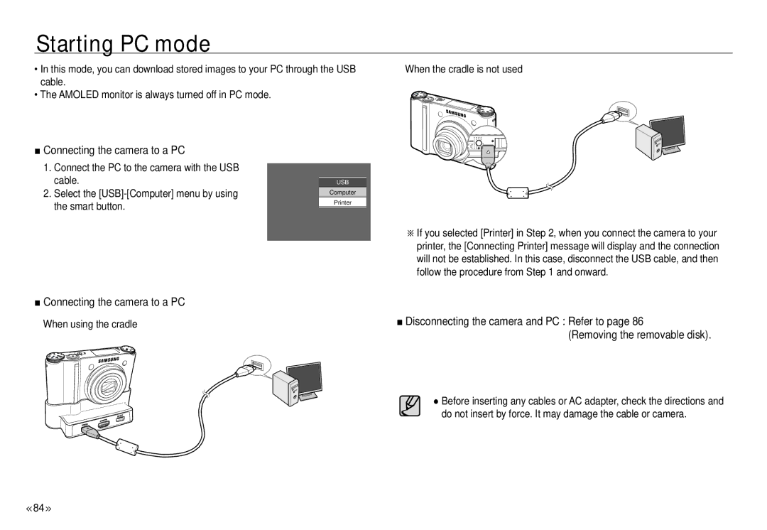 Samsung NV24 HD manual Starting PC mode, Connecting the camera to a PC, Connect the PC to the camera with the USB Cable 