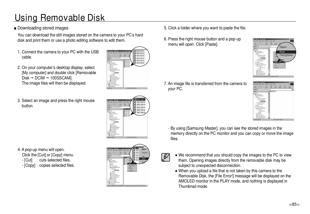 Samsung ECNV24HBBA Using Removable Disk, Downloading stored images, Connect the camera to your PC with the USB cable, Cut 