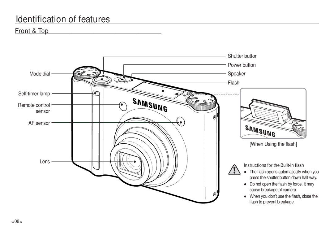 Samsung NV24 HD, ECNV24HBBA manual Identification of features, Front & Top, Remote control sensor, Power button 