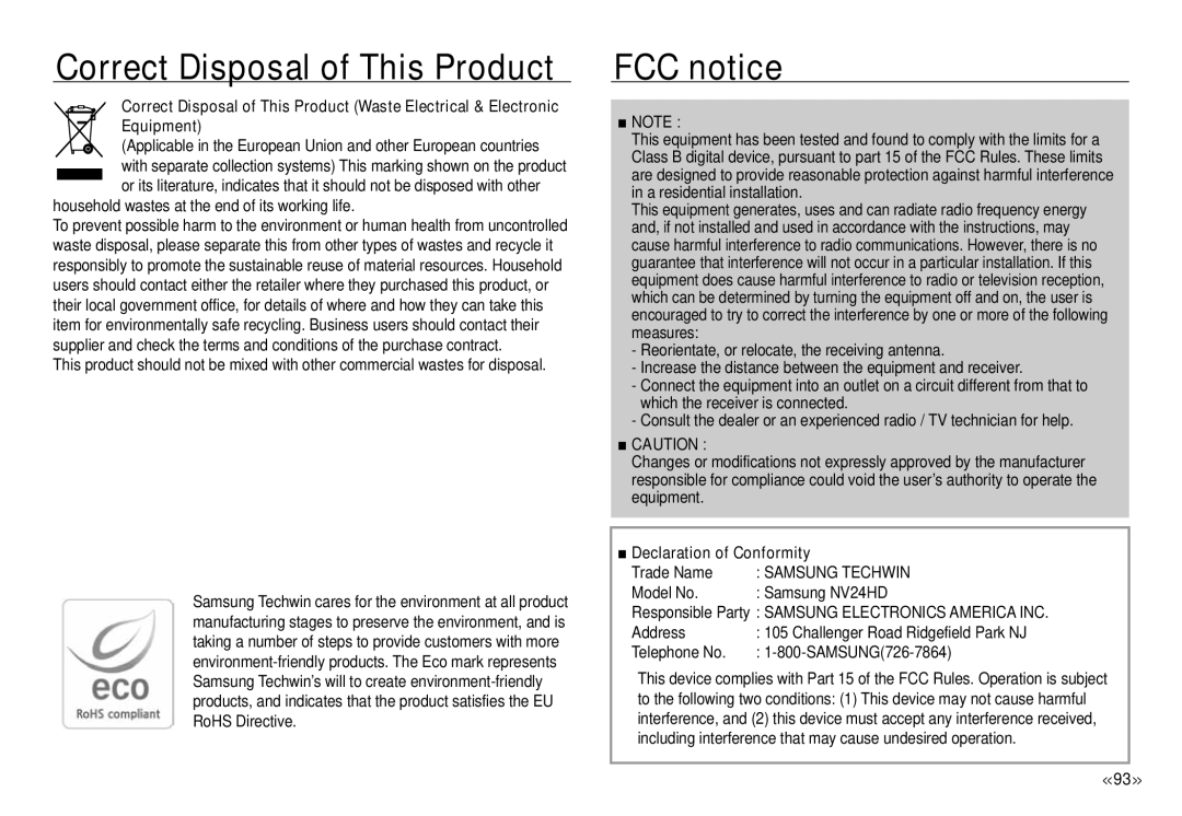 Samsung ECNV24HBBA, NV24 HD manual Correct Disposal of This Product, FCC notice, Declaration of Conformity 