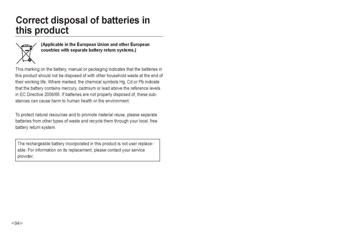 Samsung NV24 HD, ECNV24HBBA manual Correct disposal of batteries in this product 