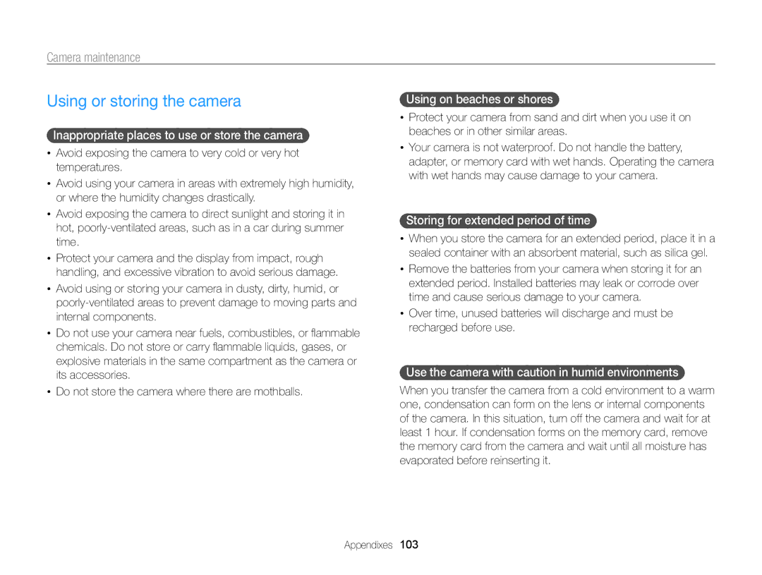 Samsung ECPL170 user manual Using or storing the camera, Camera maintenance 