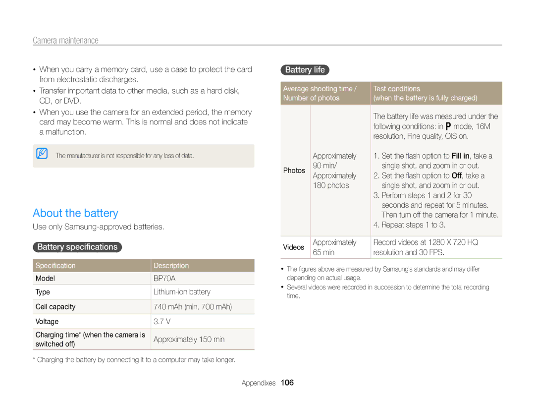 Samsung ECPL170 user manual About the battery, Battery speciﬁcations, Battery life, Speciﬁcation Description 