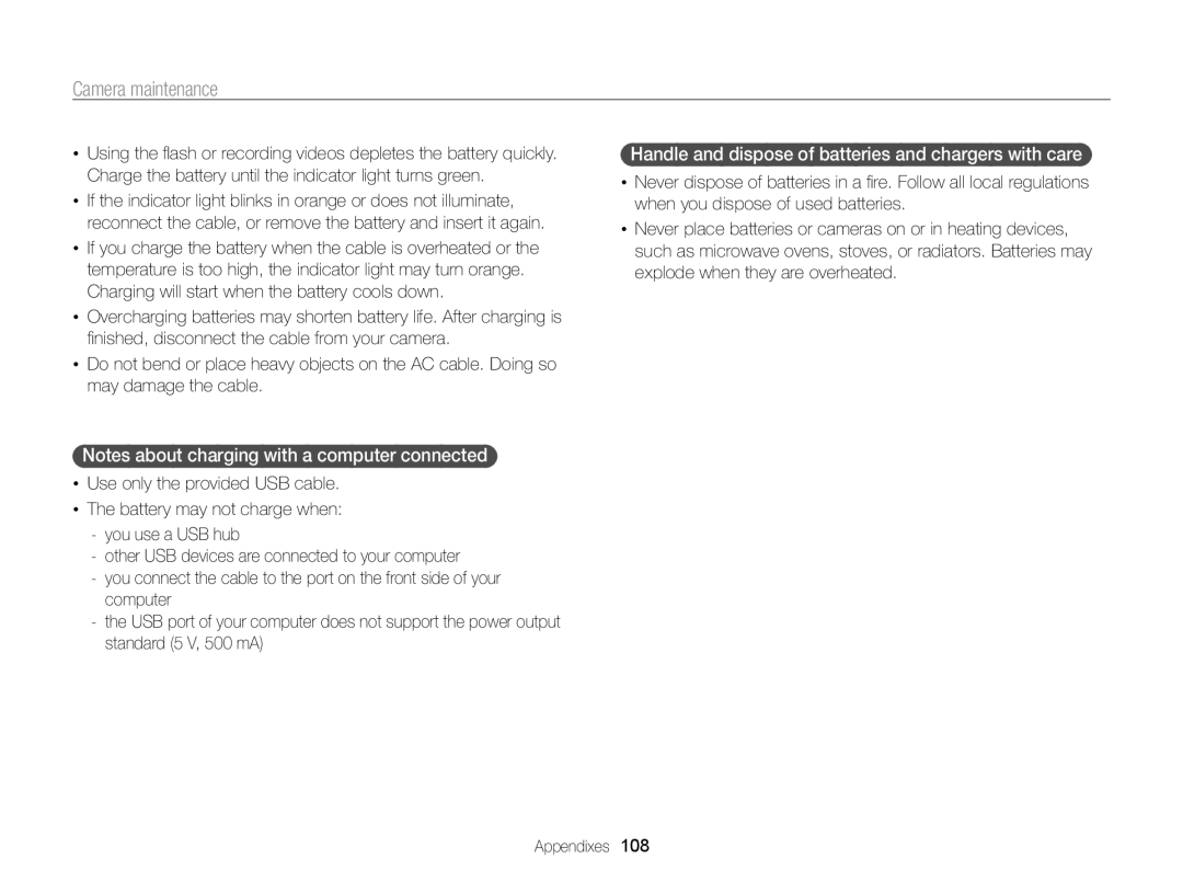 Samsung ECPL170 user manual Handle and dispose of batteries and chargers with care 