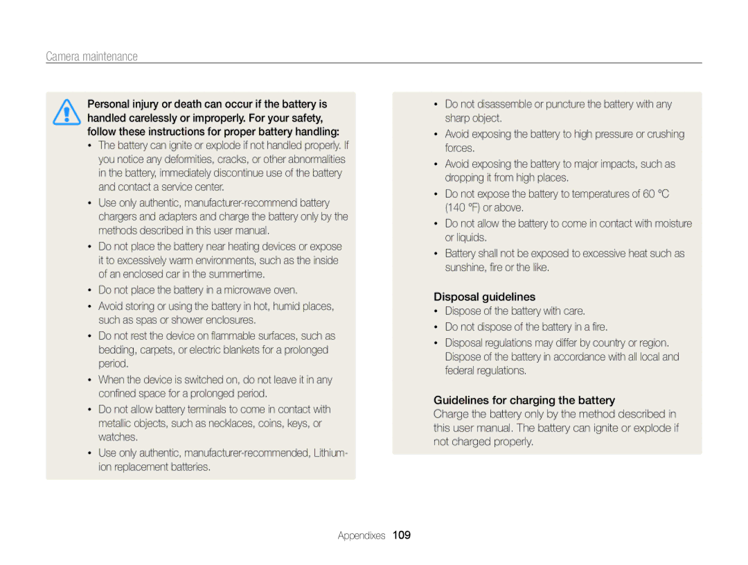 Samsung ECPL170 user manual Camera maintenance 