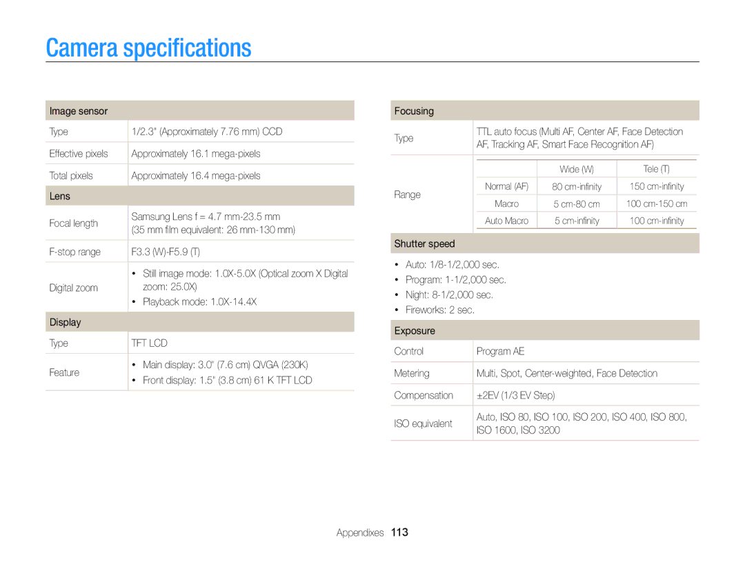 Samsung ECPL170 user manual Camera speciﬁcations 