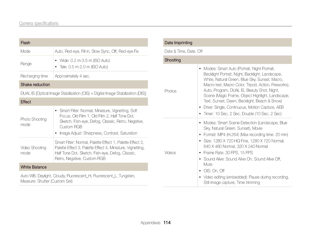 Samsung ECPL170 user manual Camera speciﬁcations 