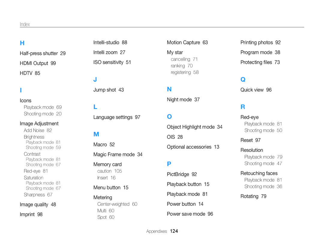 Samsung ECPL170 user manual Index, Add Noise Brightness, Red-eye Saturation, Sharpness, Center-weighted Multi Spot 