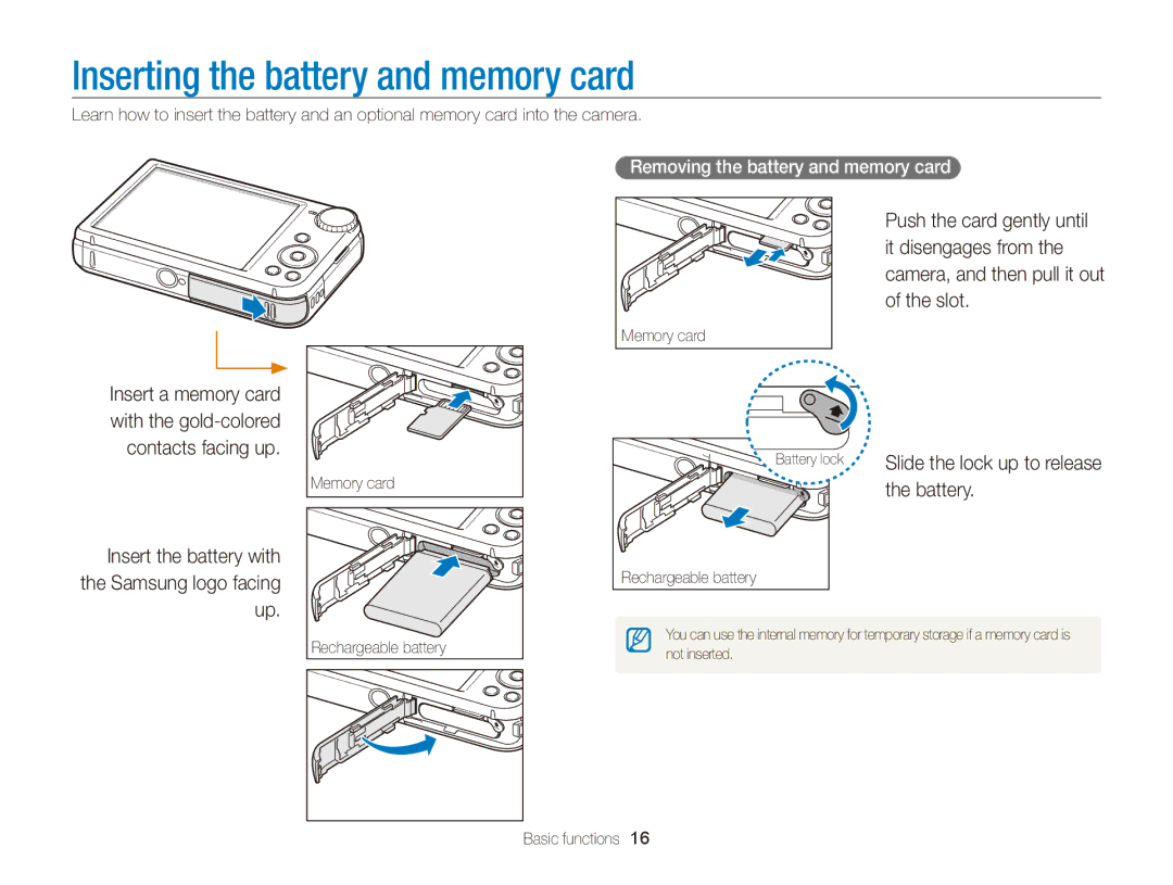 Samsung ECPL170 Inserting the battery and memory card, Insert the battery with the Samsung logo facing up, Battery 