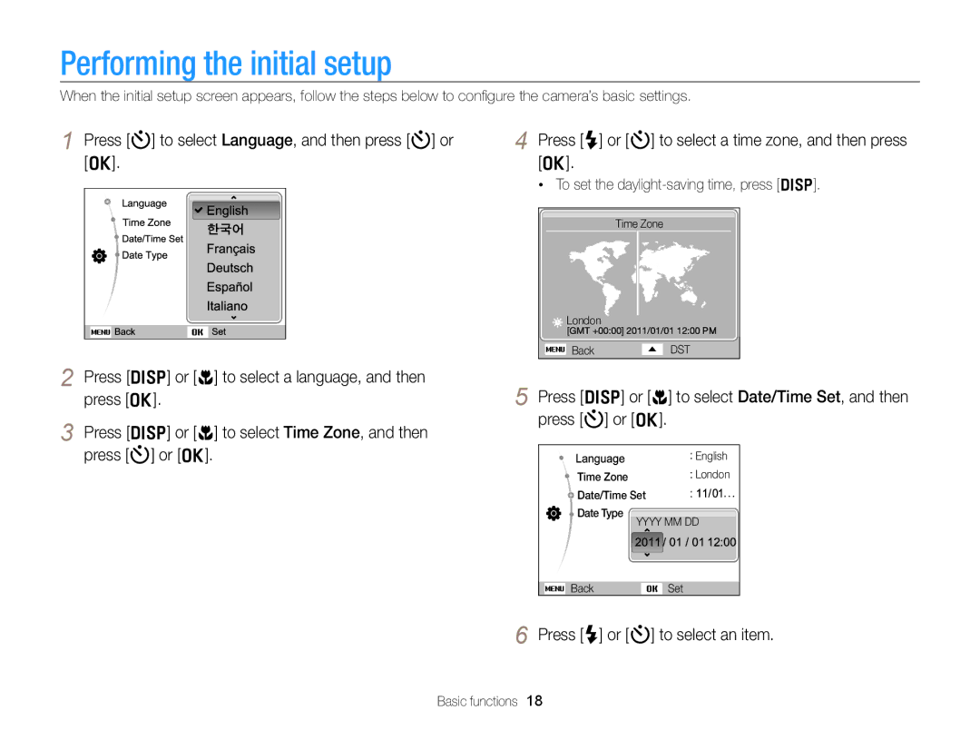 Samsung ECPL170 user manual Performing the initial setup, Press D or c to select Date/Time Set, and then press t or o 