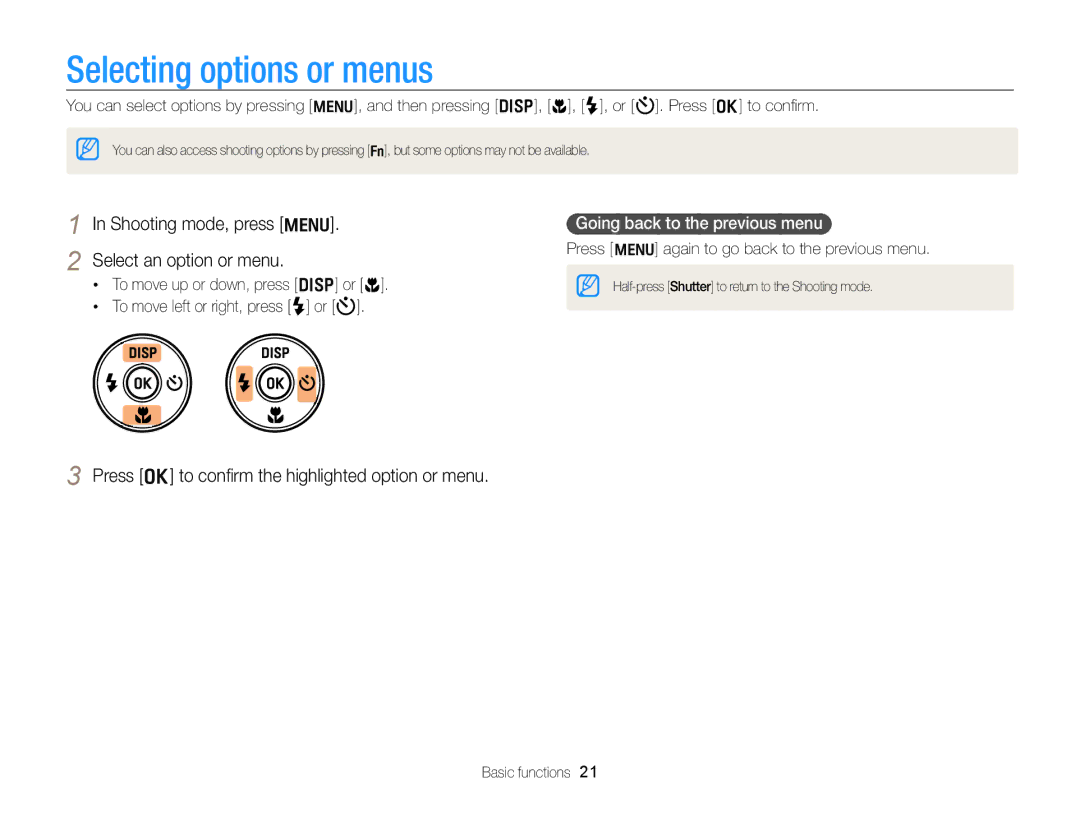 Samsung ECPL170 Selecting options or menus, Select an option or menu, Press o to conﬁrm the highlighted option or menu 