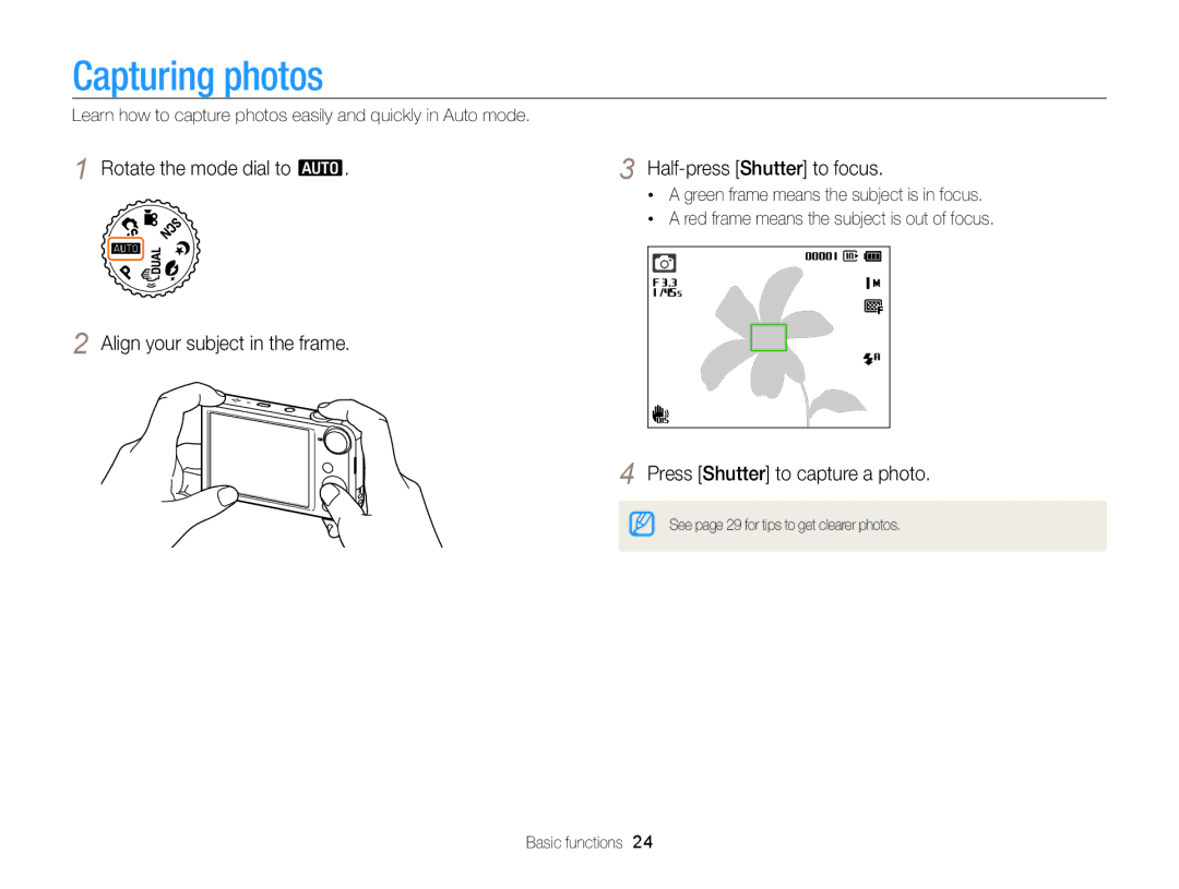 Samsung ECPL170 user manual Capturing photos, Press Shutter to capture a photo 