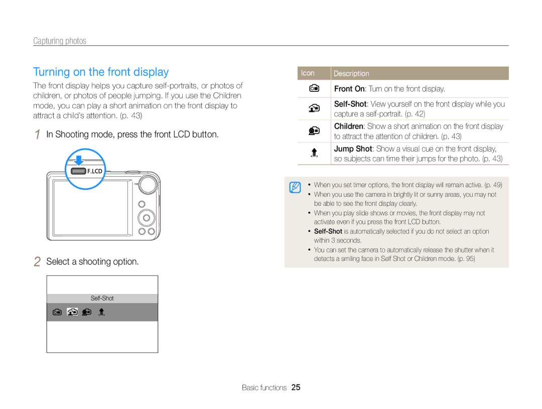 Samsung ECPL170 user manual Turning on the front display, Capturing photos, Front On Turn on the front display 