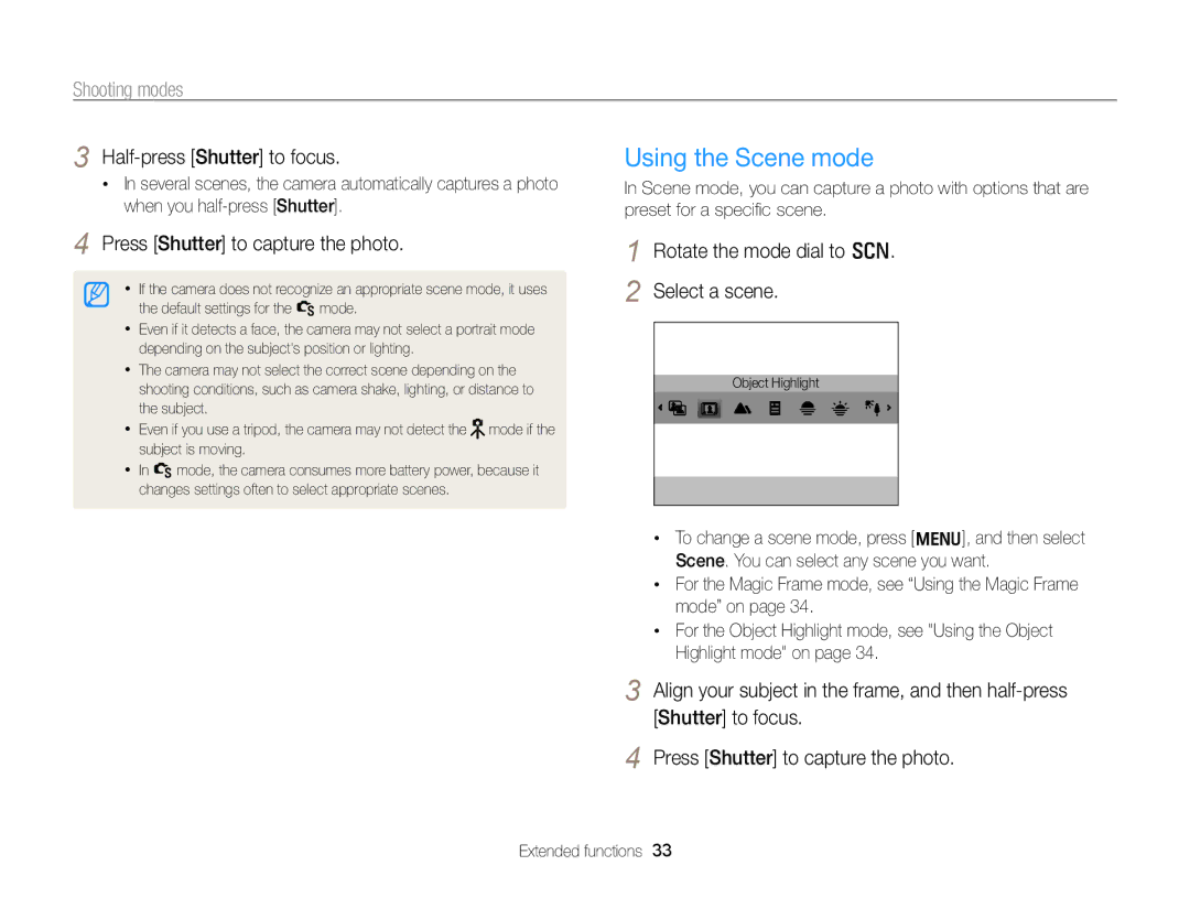 Samsung ECPL170 user manual Using the Scene mode, Shooting modes, Press Shutter to capture the photo 