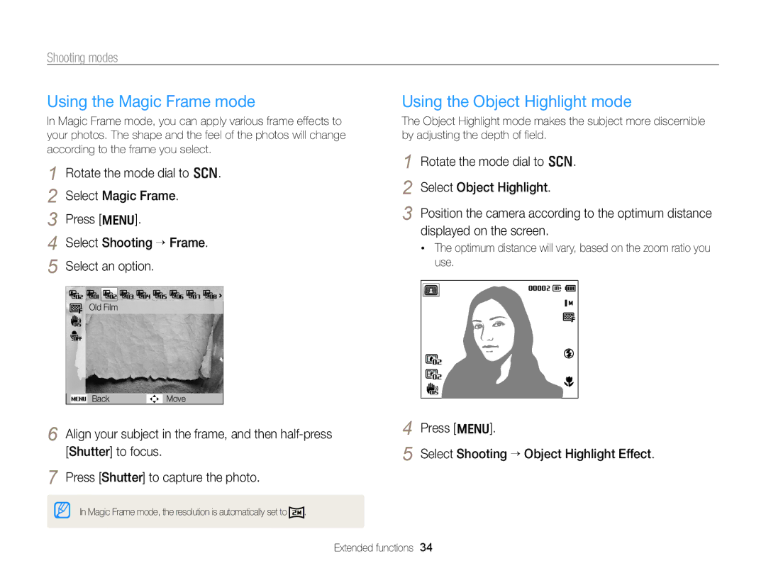 Samsung ECPL170 user manual Using the Magic Frame mode, Using the Object Highlight mode 