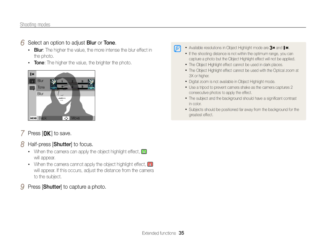 Samsung ECPL170 user manual Select an option to adjust Blur or Tone, Press o to save, Half-press Shutter to focus 