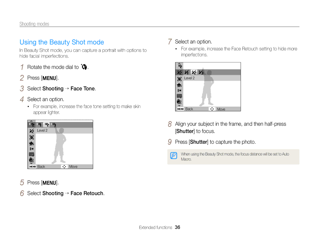 Samsung ECPL170 user manual Using the Beauty Shot mode, Select Shooting “ Face Retouch 