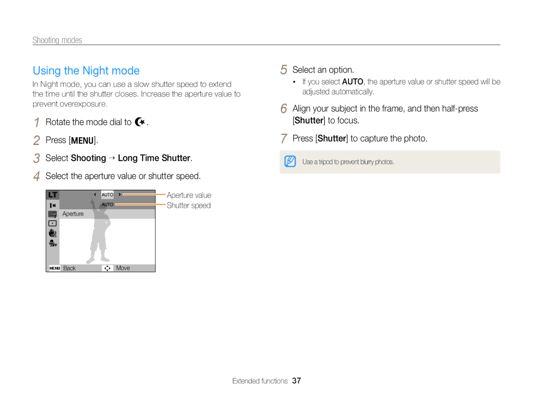 Samsung ECPL170 user manual Using the Night mode, Aperture value Shutter speed 