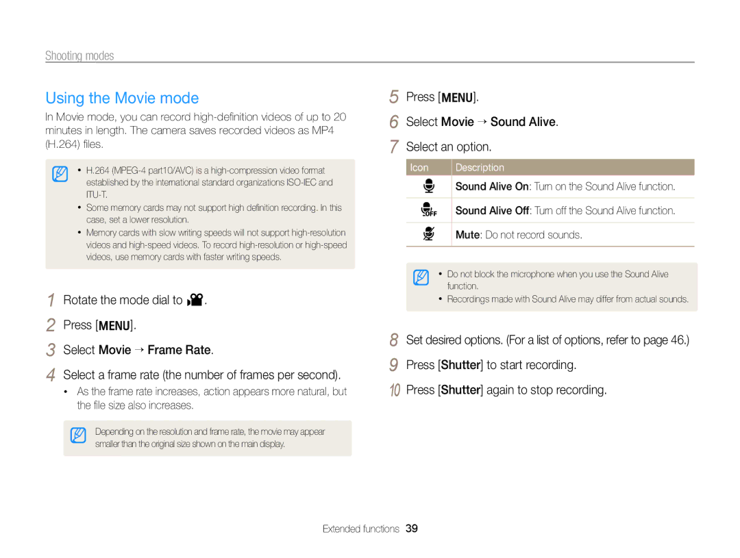 Samsung ECPL170 user manual Using the Movie mode, Press m Select Movie “ Sound Alive Select an option 