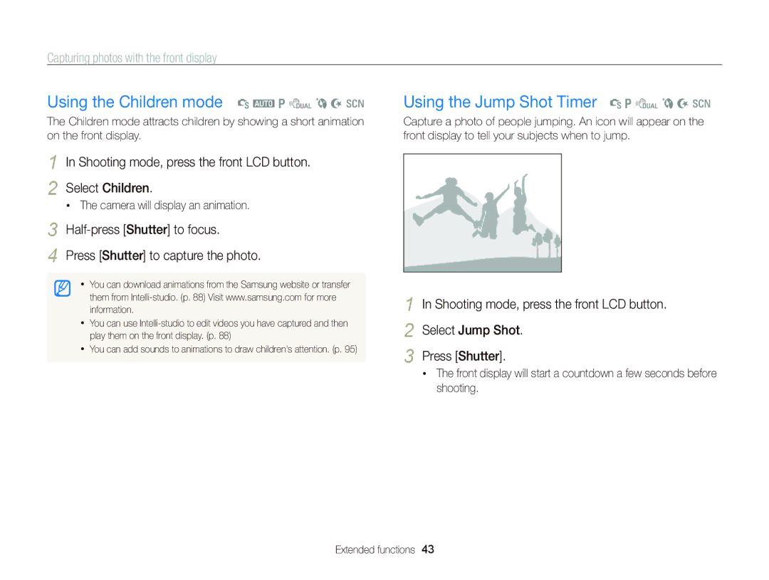 Samsung ECPL170 user manual Using the Children mode S a p d b N s, Using the Jump Shot Timer S p d b N s 