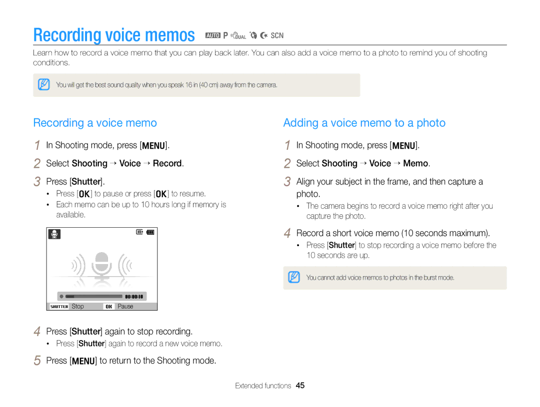 Samsung ECPL170 user manual Recording voice memos a p d b N s, Recording a voice memo, Adding a voice memo to a photo 