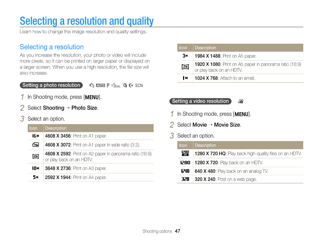 Samsung ECPL170 user manual Selecting a resolution and quality, Shooting mode, press m Select Movie “ Movie Size 