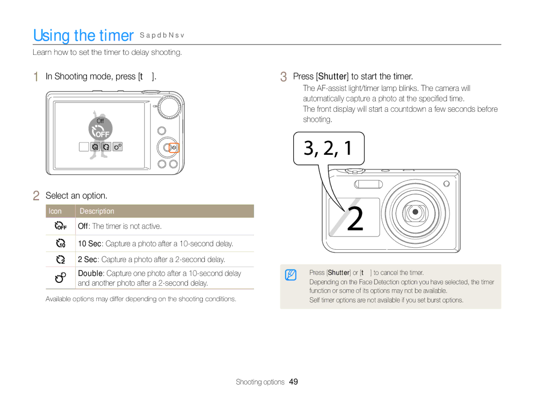 Samsung ECPL170 user manual Using the timer S a p d b N s, Shooting mode, press t, Press Shutter to start the timer 