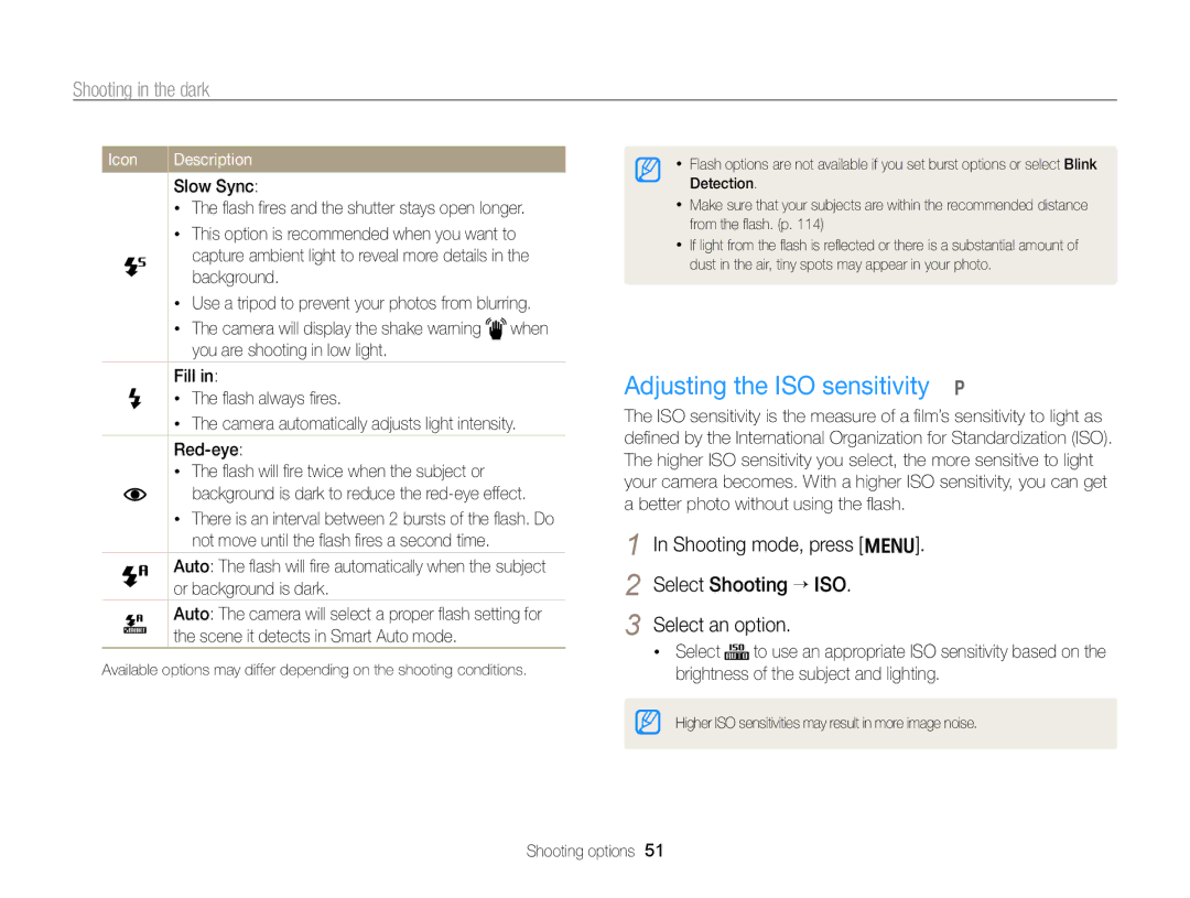 Samsung ECPL170 user manual Adjusting the ISO sensitivity p, Shooting in the dark 