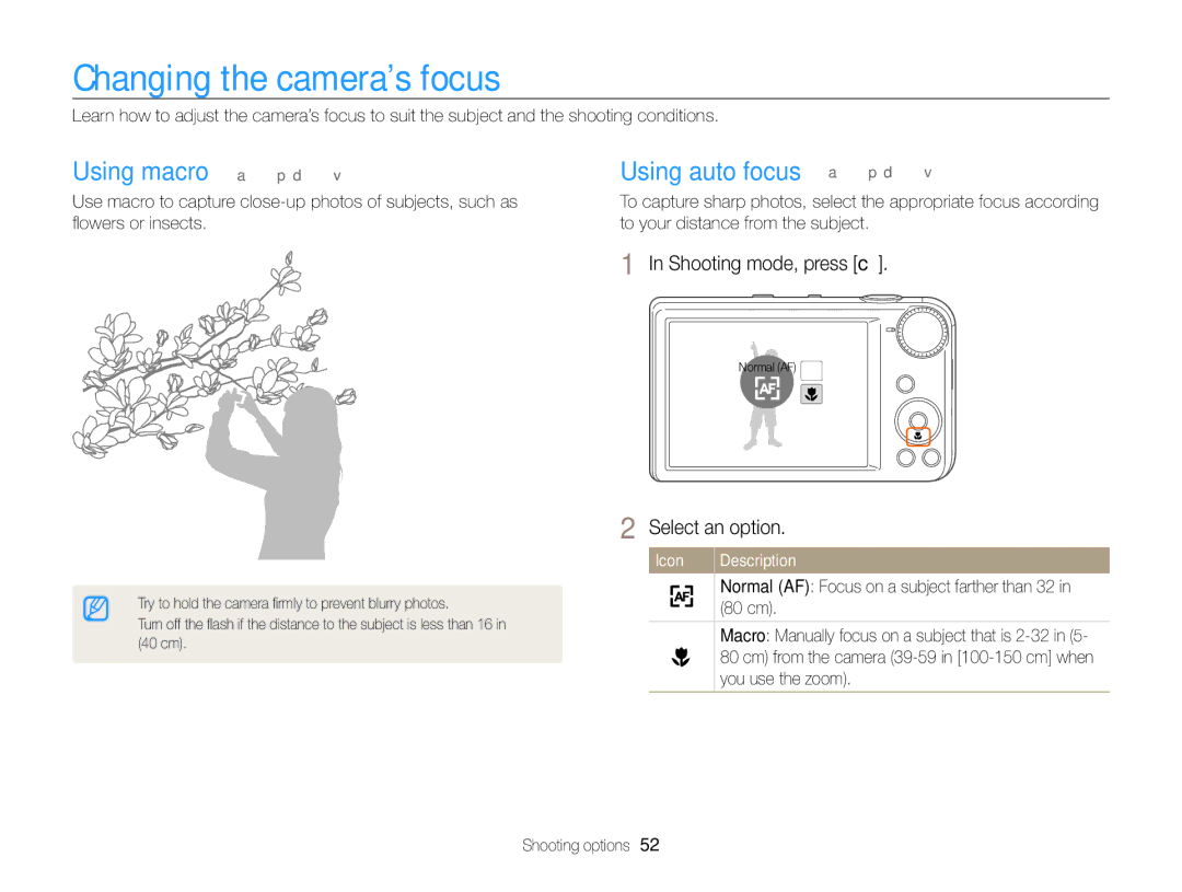 Samsung ECPL170 Changing the camera’s focus, Using macro a p d Using auto focus a p d, Shooting mode, press c, 80 cm 