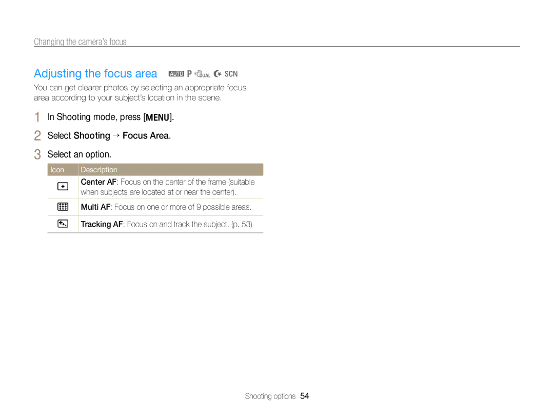 Samsung ECPL170 user manual Adjusting the focus area a p d N s 