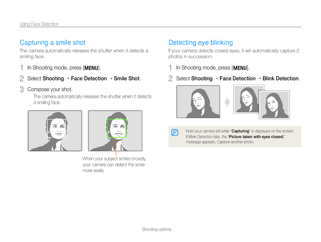 Samsung ECPL170 user manual Capturing a smile shot, Detecting eye blinking, Using Face Detection 