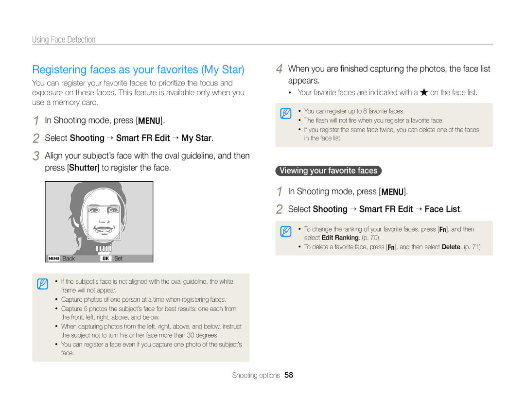 Samsung ECPL170 user manual Registering faces as your favorites My Star, Viewing your favorite faces 