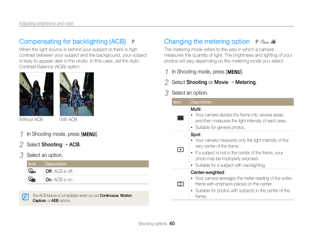 Samsung ECPL170 Compensating for backlighting ACB p, Changing the metering option p d, Adjusting brightness and color 