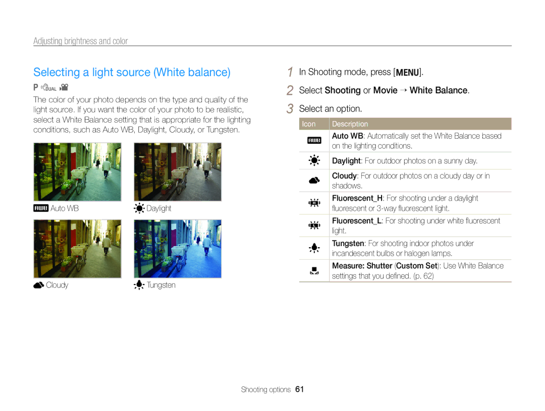 Samsung ECPL170 user manual Selecting a light source White balance, Auto WB Daylight Cloudy 