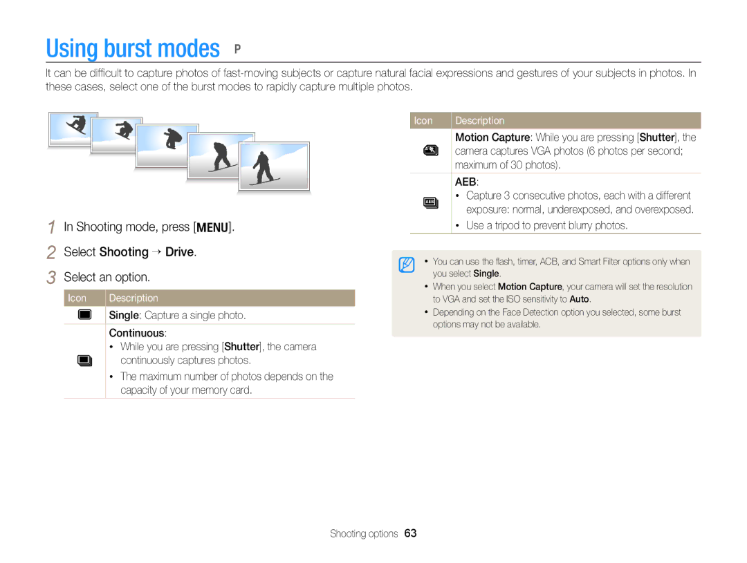 Samsung ECPL170 user manual Using burst modes p, Maximum of 30 photos, Use a tripod to prevent blurry photos 