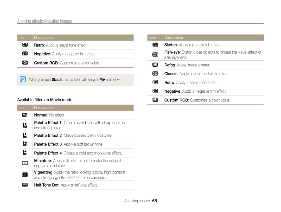 Samsung ECPL170 user manual Applying effects/Adjusting images, Available ﬁlters in Movie mode, ﬁsheye lens 